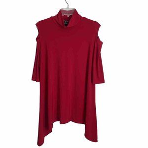 Clara Sun Woo Red High Neck Cold Shoulder Dipped Hem Tunic Women's